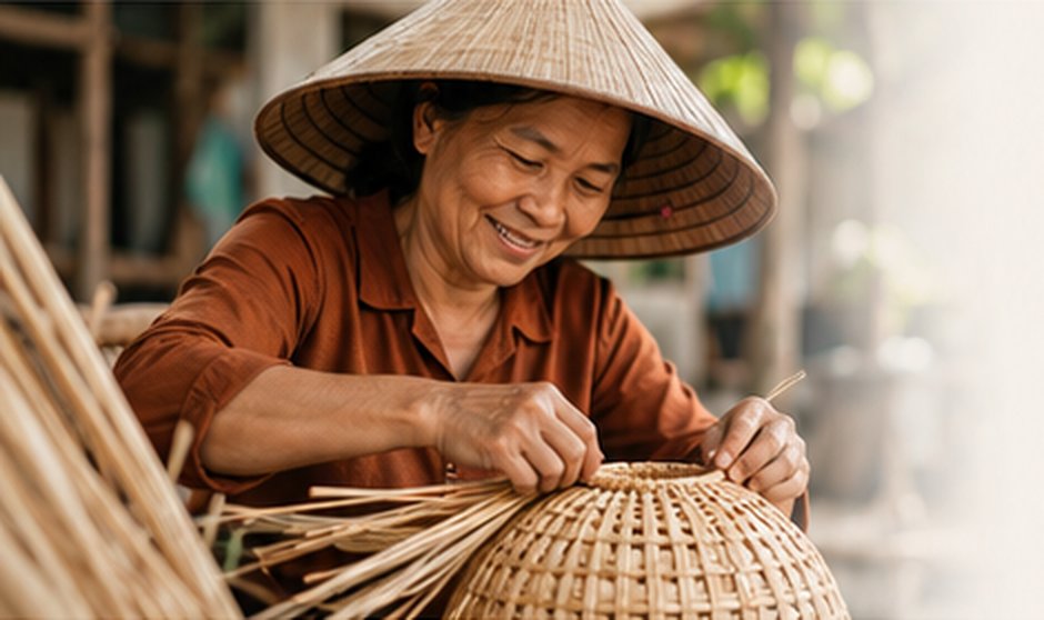 Vietnamese artisan weaving rattan